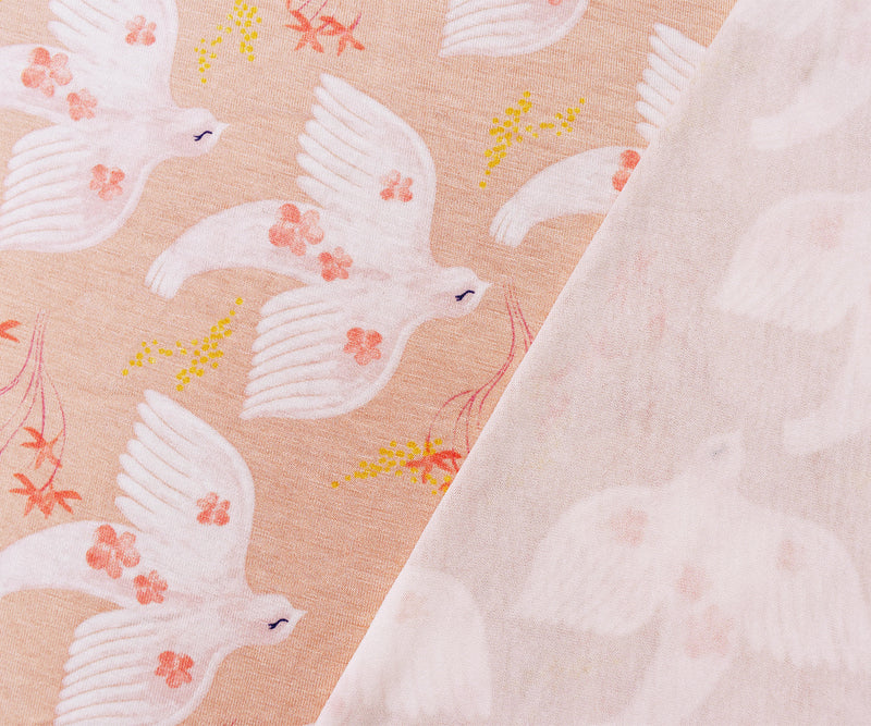 Peach-Multi Rayon Modal Bird Flower Print Stretch Spandex Jersey Knit Fabric