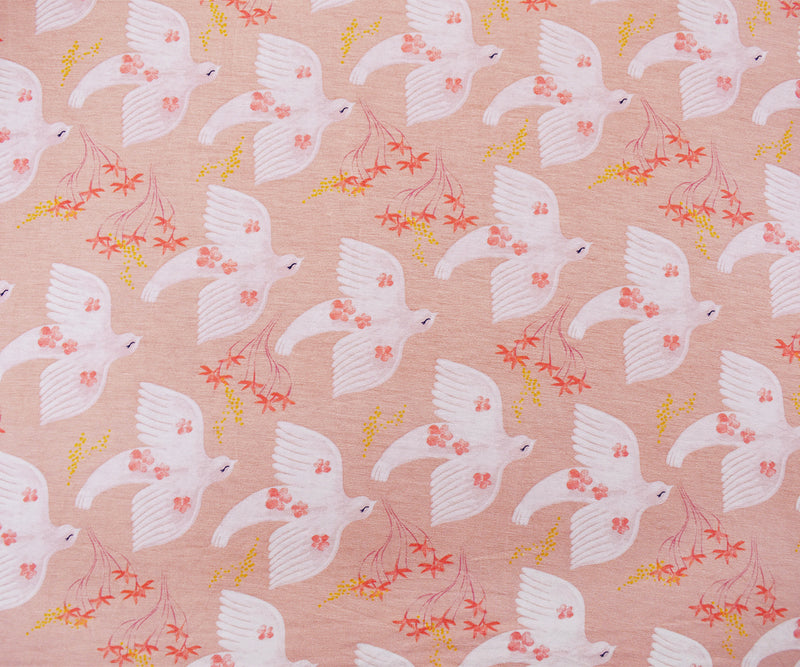 Peach-Multi Rayon Modal Bird Flower Print Stretch Spandex Jersey Knit Fabric