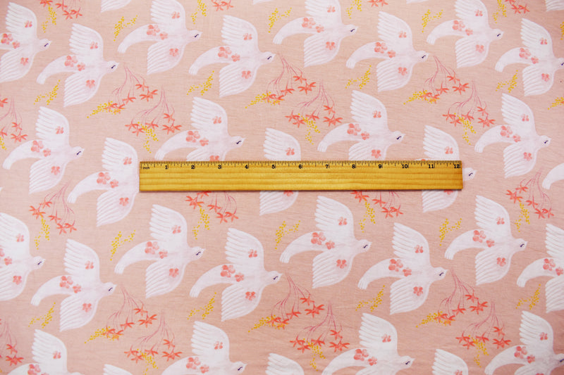 Peach-Multi Rayon Modal Bird Flower Print Stretch Spandex Jersey Knit Fabric