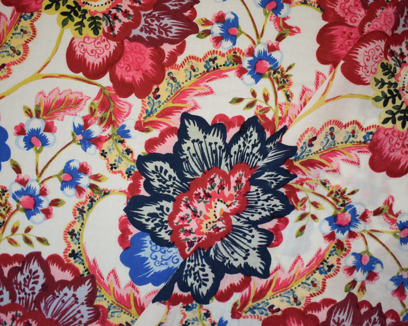Blue-Pink-Multi Cotton-Rayon Floral Printed Lawn Woven Fabric
