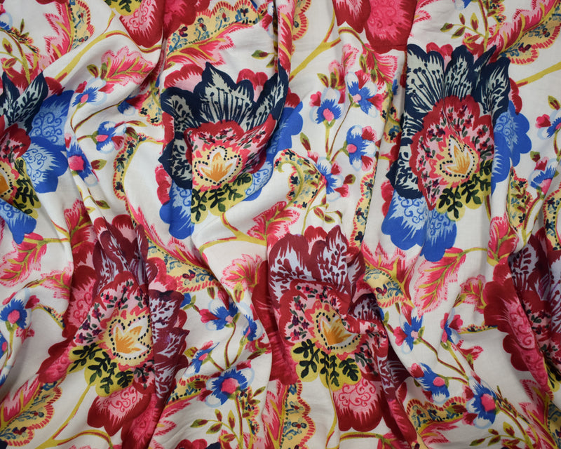 Blue-Pink-Multi Cotton-Rayon Floral Printed Lawn Woven Fabric
