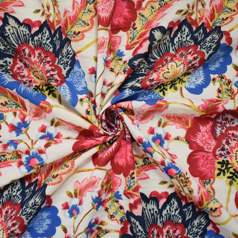 Blue-Pink-Multi Cotton-Rayon Floral Printed Lawn Woven Fabric