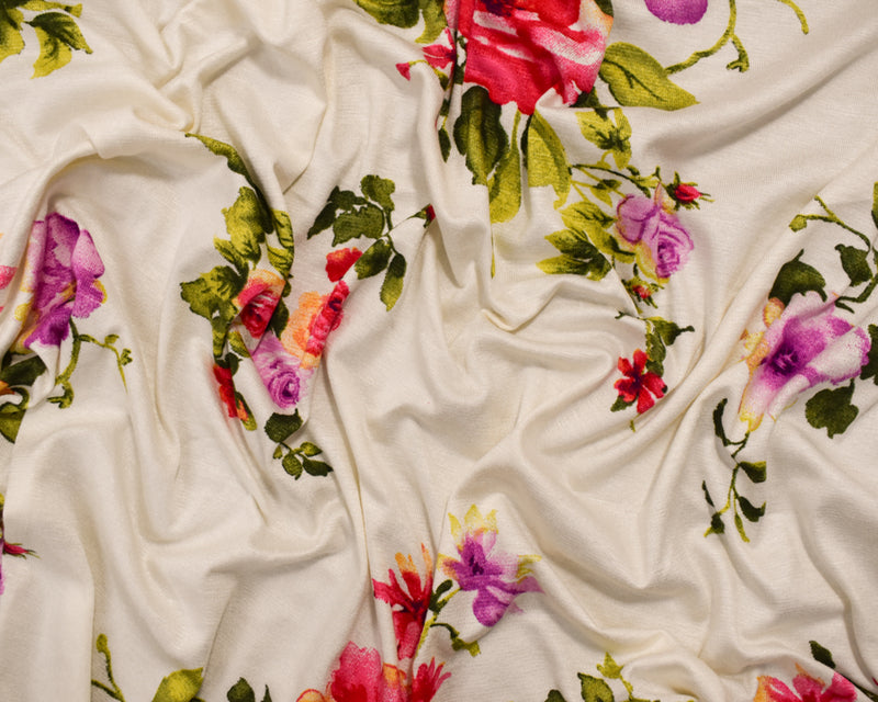 Ivory-Pink-Multi Rayon Modal Floral Printed Stretch Spandex Jersey Knit Fabric