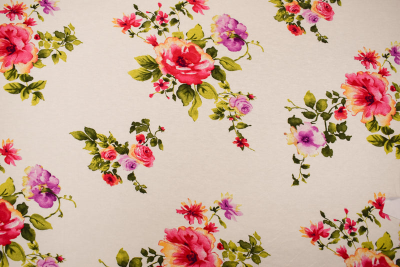 Ivory-Pink-Multi Rayon Modal Floral Printed Stretch Spandex Jersey Knit Fabric