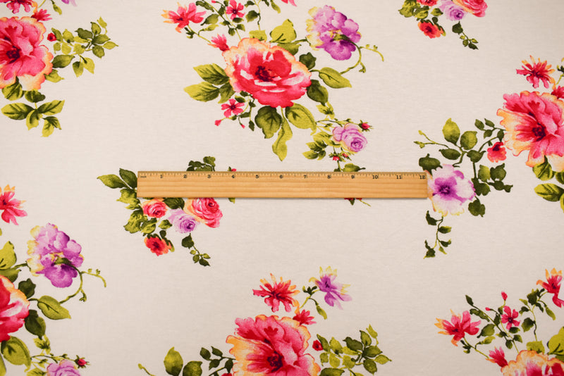 Ivory-Pink-Multi Rayon Modal Floral Printed Stretch Spandex Jersey Knit Fabric