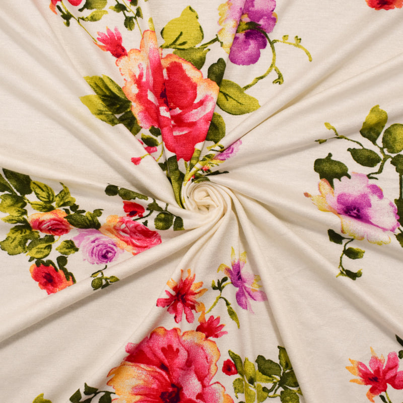 Ivory-Pink-Multi Rayon Modal Floral Printed Stretch Spandex Jersey Knit Fabric