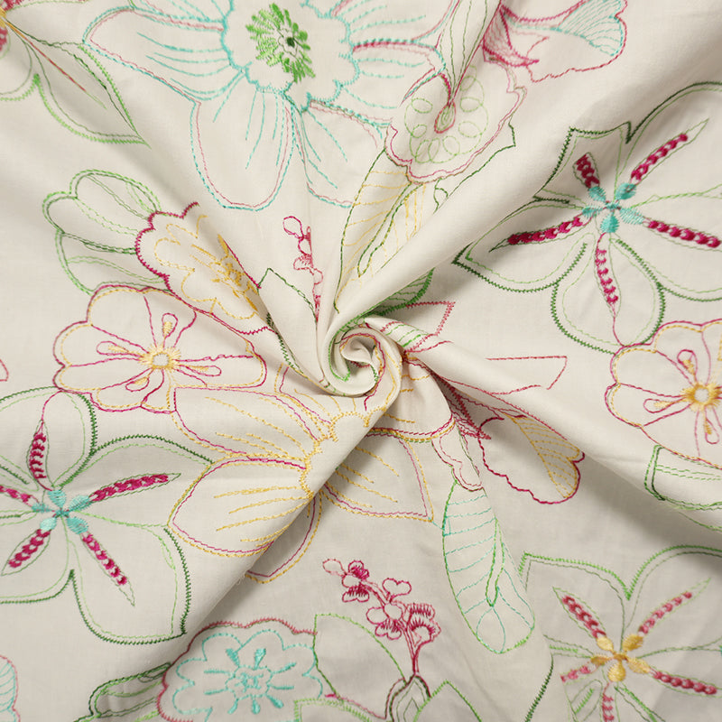 5 YD PC - White-Red-Multi Cotton Floral Embroidered Twill Woven Fabric