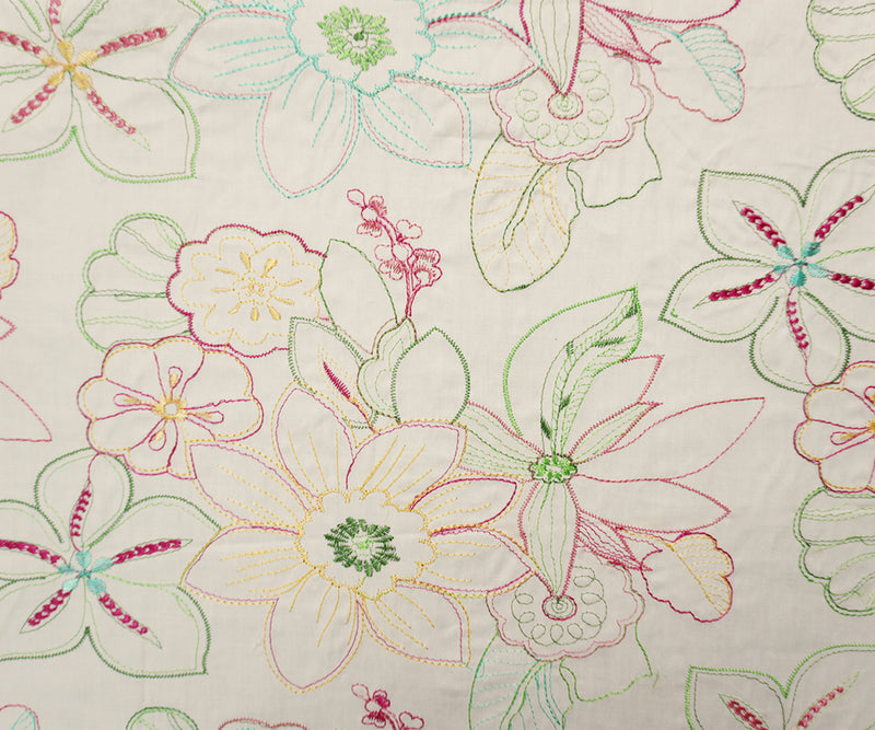 5 YD PC - White-Red-Multi Cotton Floral Embroidered Twill Woven Fabric