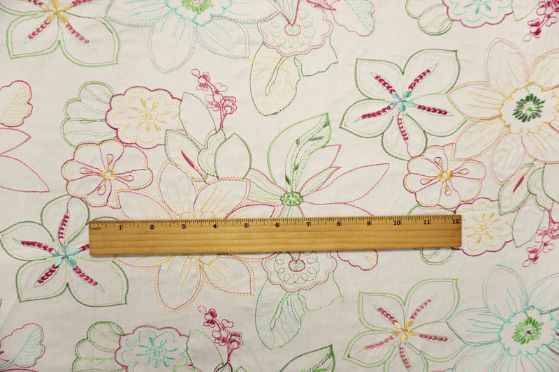 5 YD PC - White-Red-Multi Cotton Floral Embroidered Twill Woven Fabric