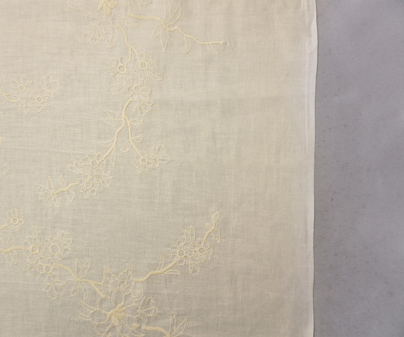 White-Beige Cotton Floral Branch Embroidered Woven Fabric