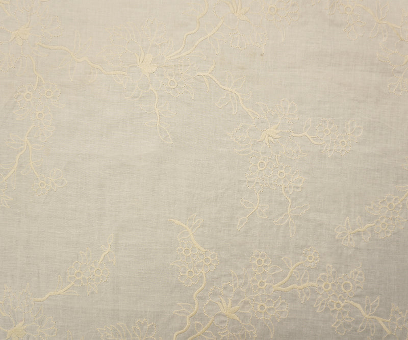 White-Beige Cotton Floral Branch Embroidered Woven Fabric