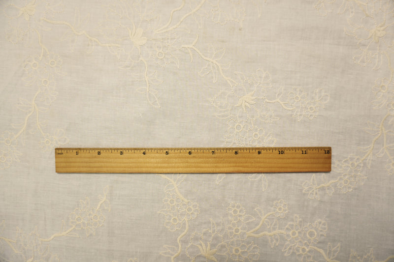 White-Beige Cotton Floral Branch Embroidered Woven Fabric