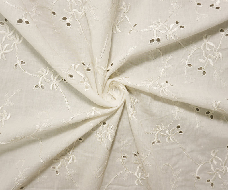 5 YD PC - White Cotton Floral Vine Embroidered Eyelet Voile Woven Fabric