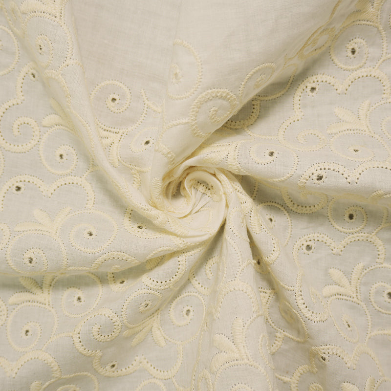 5 YD PC - White Beige Floral Swirl Embroidered Eyelet Voile Woven Fabric