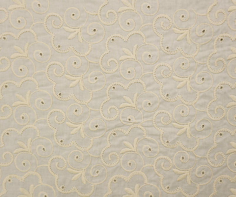 5 YD PC - White Beige Floral Swirl Embroidered Eyelet Voile Woven Fabric