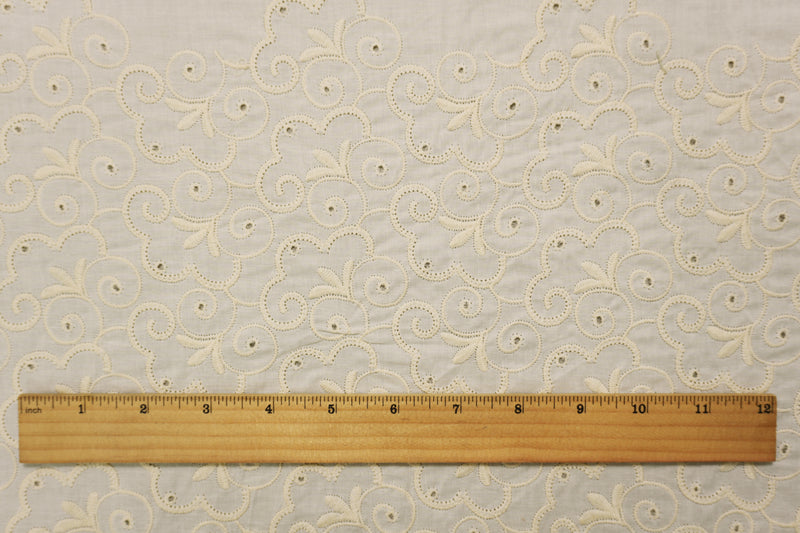 5 YD PC - White Beige Floral Swirl Embroidered Eyelet Voile Woven Fabric
