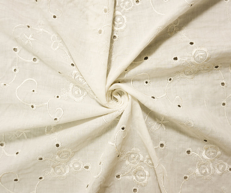 White Cotton Floral Vine Embroidered Eyelet Voile Woven Fabric