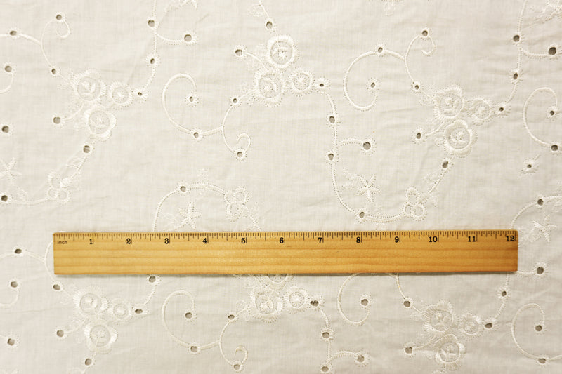 White Cotton Floral Vine Embroidered Eyelet Voile Woven Fabric