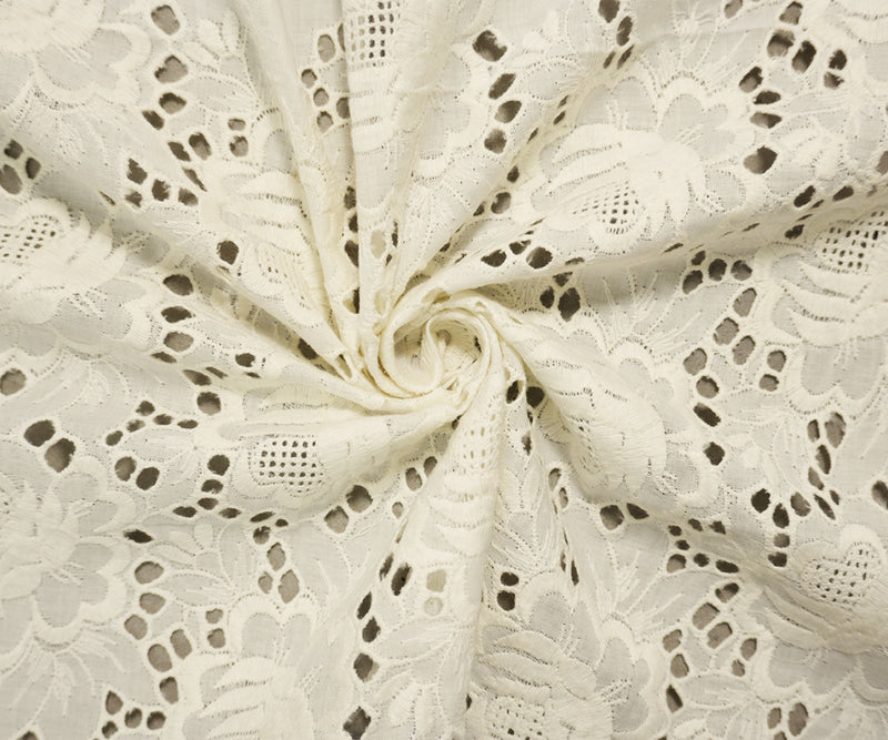 3 YD PC - White Cotton Floral Embroidered Eyelet Voile Woven Fabric