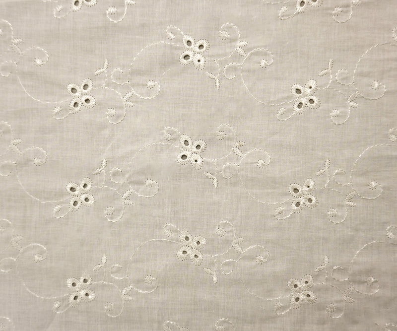 White Cotton Floral Vine Embroidered Eyelet Voile Woven Fabric