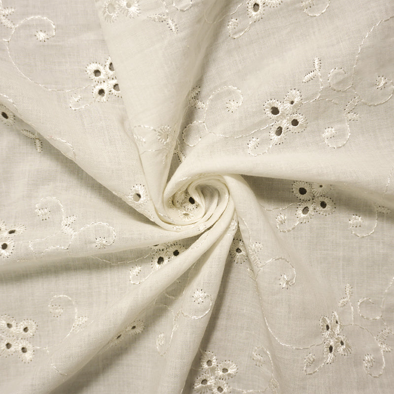 White Cotton Floral Vine Embroidered Eyelet Voile Woven Fabric
