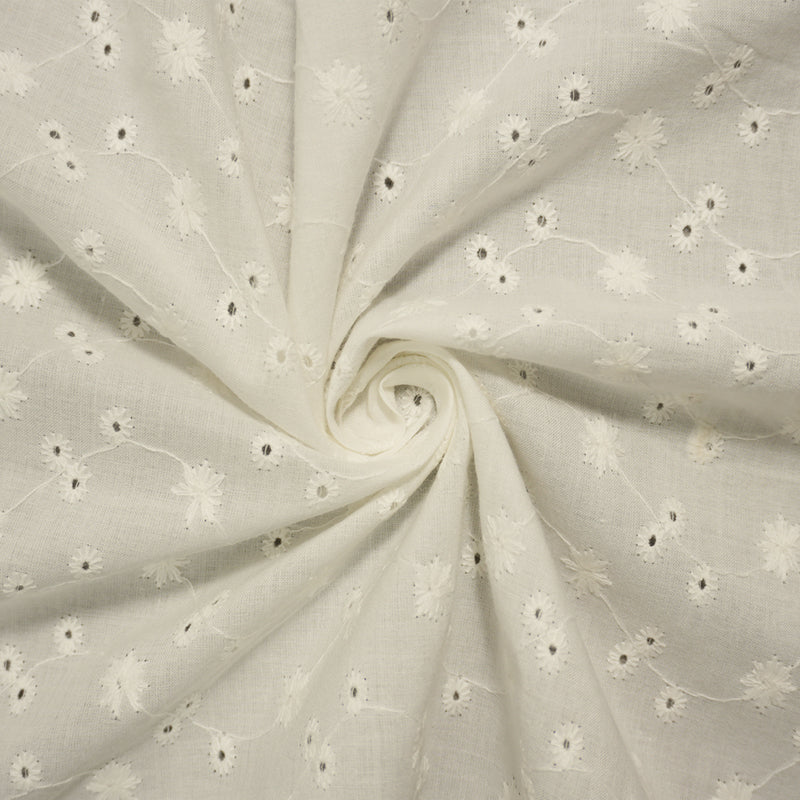 White Cotton Floral Vine Embroidered Eyelet Voile Woven Fabric