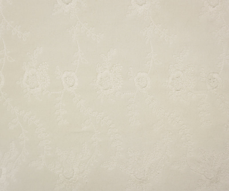 White Cotton Floral Embroidered Velveteen Woven Fabric