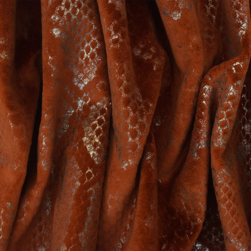 Rust Brown-Gold Snake Foil Print Poly Cotton Velvet Home Decorating Fabric
