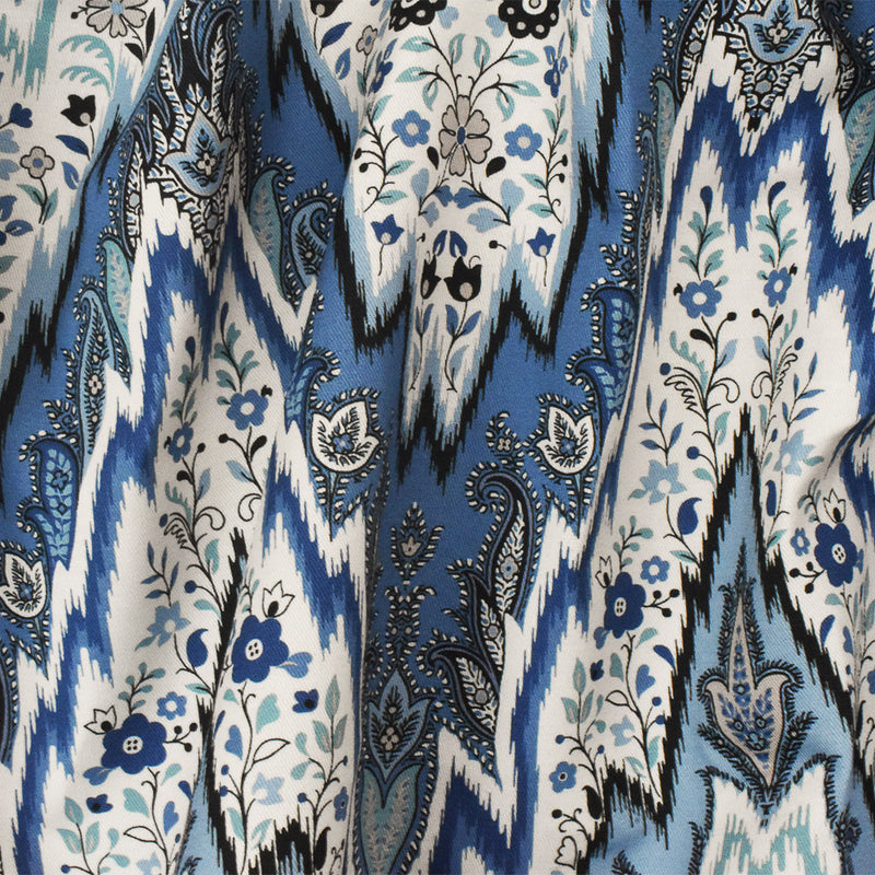 Blue-Multi Designer Paisley Ikat Printed Cotton Twill Decorating Fabric