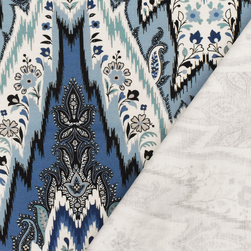 Blue-Multi Designer Paisley Ikat Printed Cotton Twill Decorating Fabric