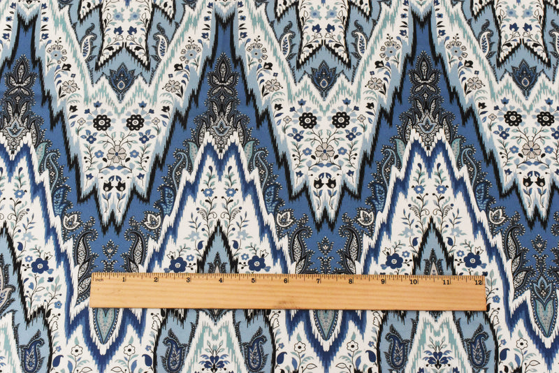 Blue-Multi Designer Paisley Ikat Printed Cotton Twill Decorating Fabric