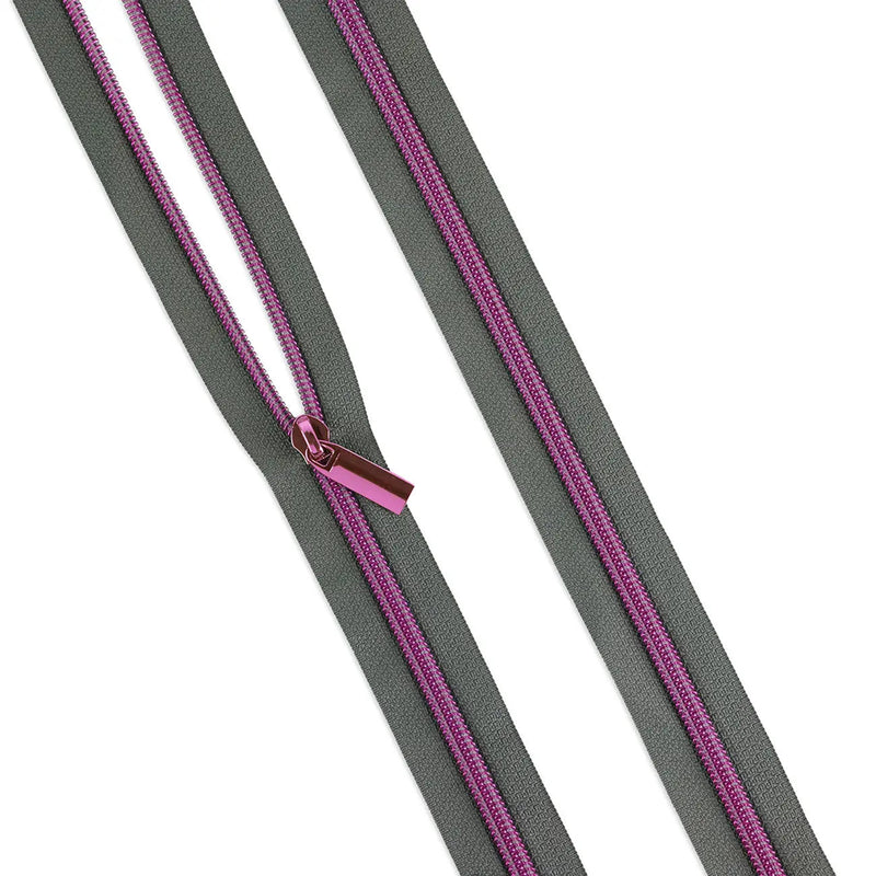 Grey #5 Nylon Tula Pink Coil Zipper 3yds and 9 Pulls