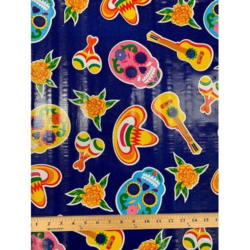 Blue Sugar Skulls Oilcloth Fabric - Reorderable