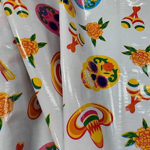 White Sugar Skulls Oilcloth Fabric - Reorderable