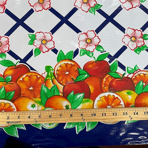 1 3/4 YD PC-Blue Fruit Lattice Oilcloth Fabric - Reorderable
