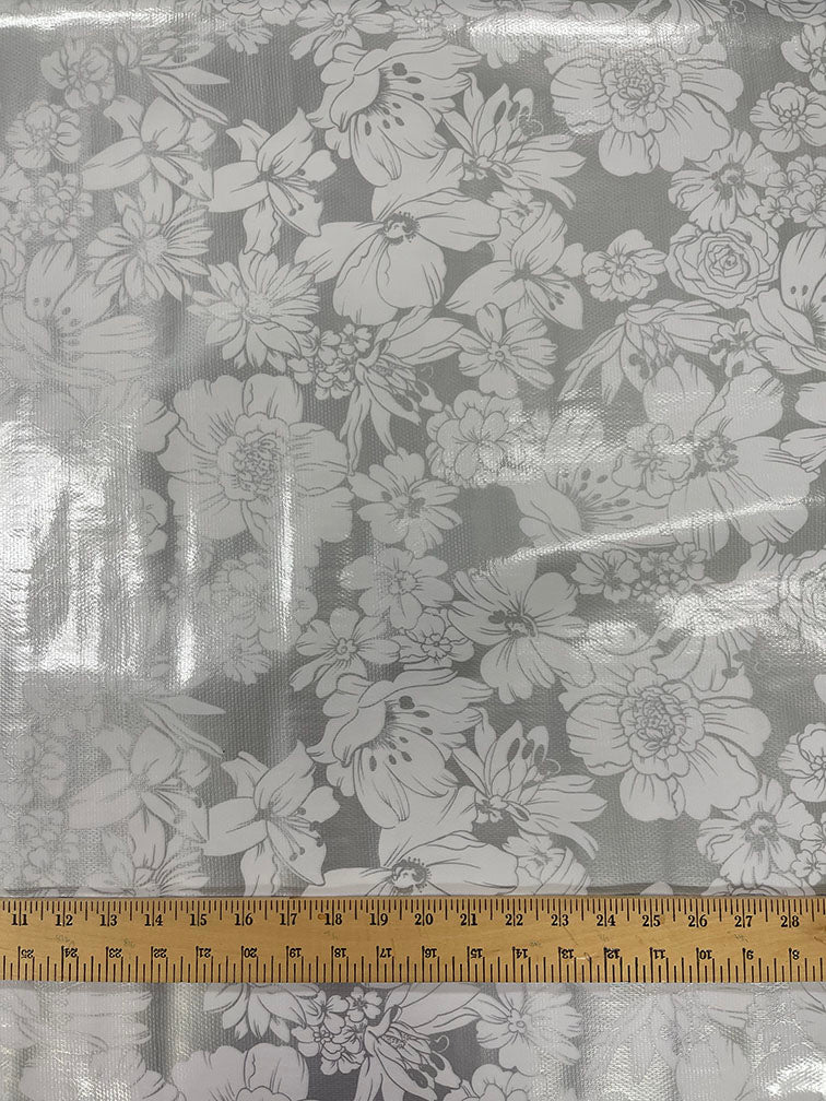 Silver White Floral Oilcloth Fabric - Reorderable