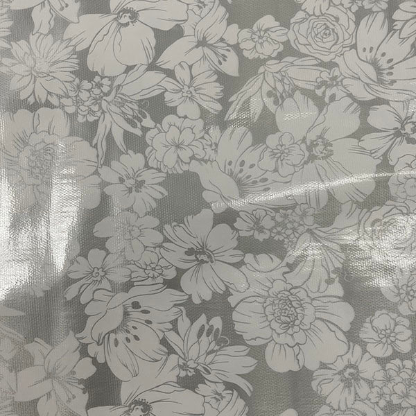 Silver White Floral Oilcloth Fabric - Reorderable