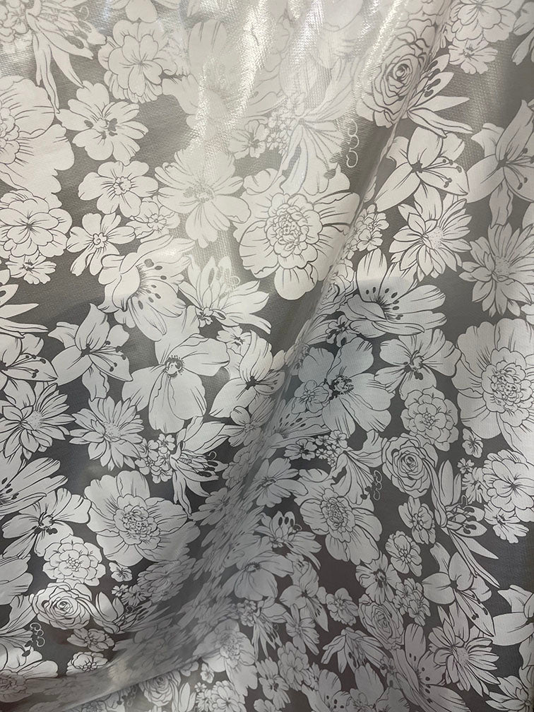 Silver White Floral Oilcloth Fabric - Reorderable