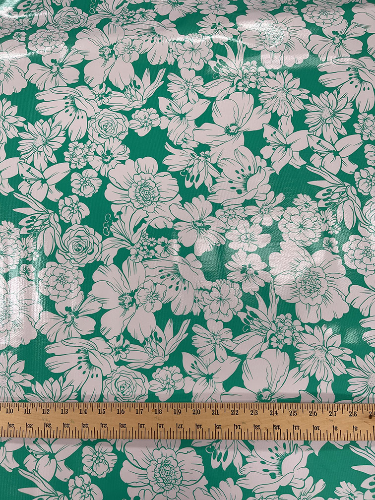 Jade Green White Floral Oilcloth Fabric - Reorderable