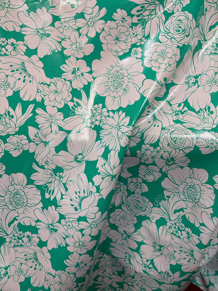 Jade Green White Floral Oilcloth Fabric - Reorderable