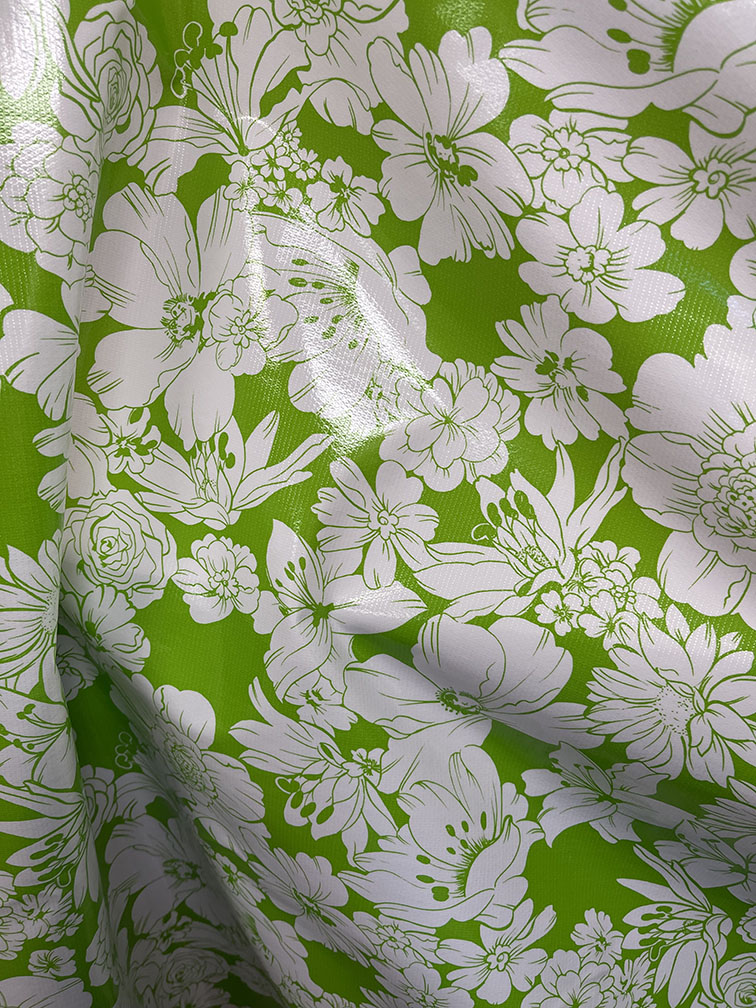 Green White Floral Oilcloth Fabric - Reorderable