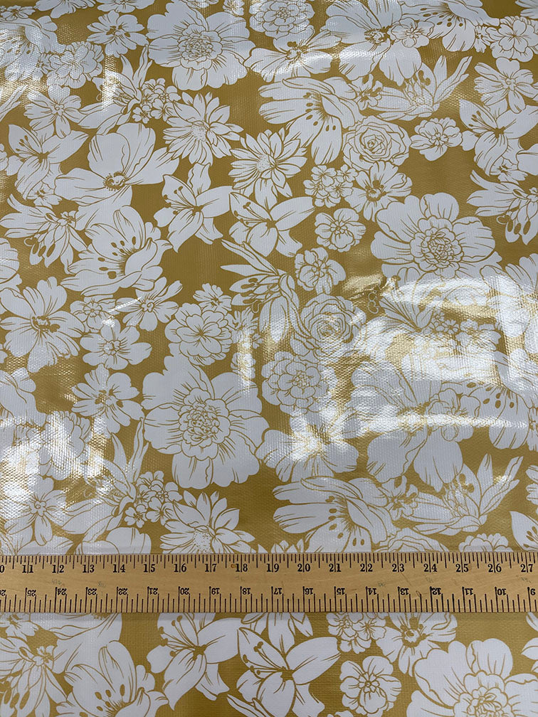 Gold White Floral Oilcloth Fabric - Reorderable