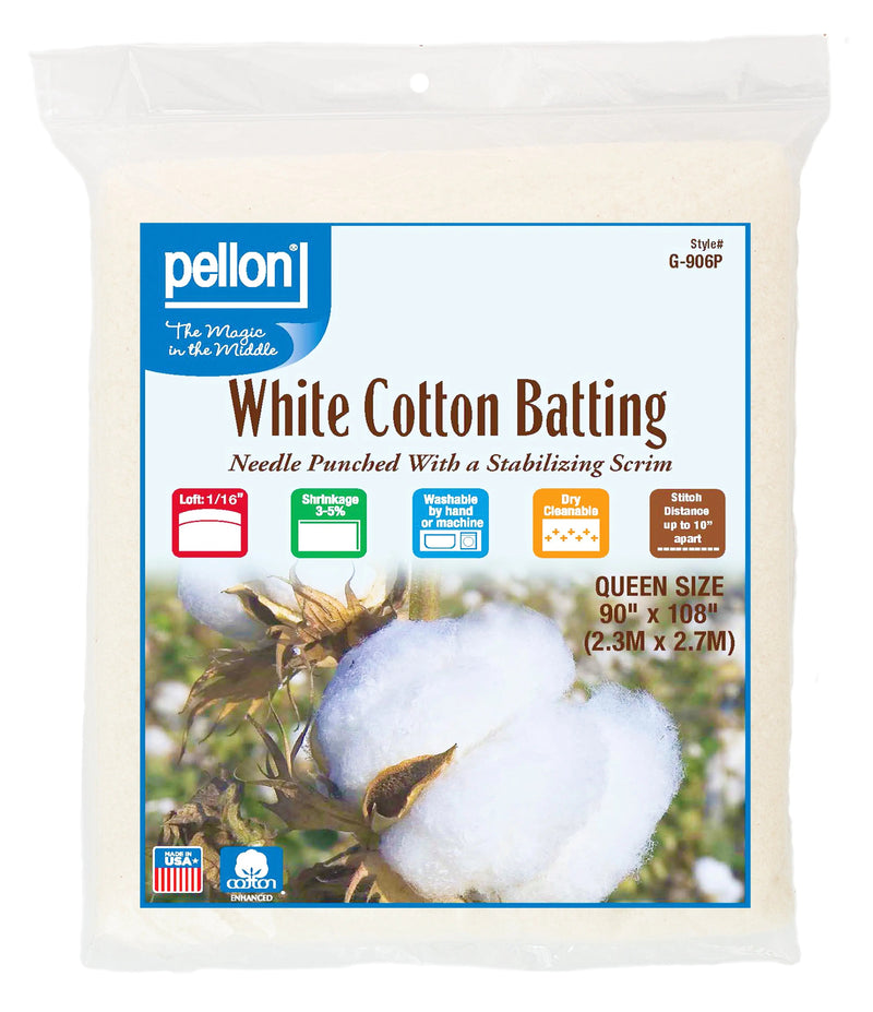 Pellon® White Cotton Batting With Scrim  90" x 108" Queen Size Package.