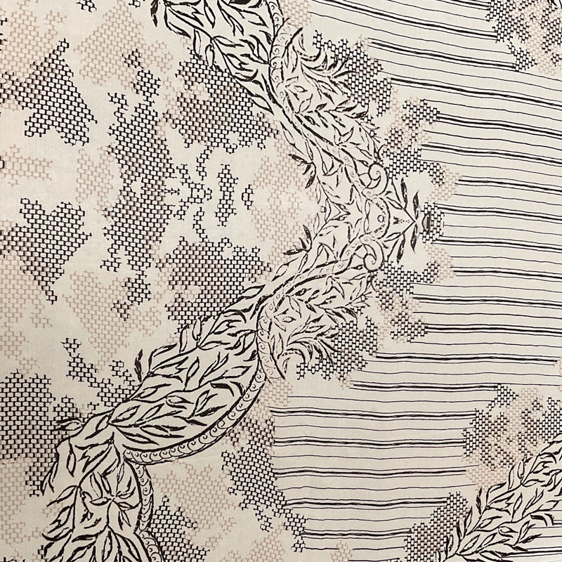 2 1/8 YD PC-Ivory-Tan-Black Honeycomb Floral Silk Chiffon Designer Remnant Fabric