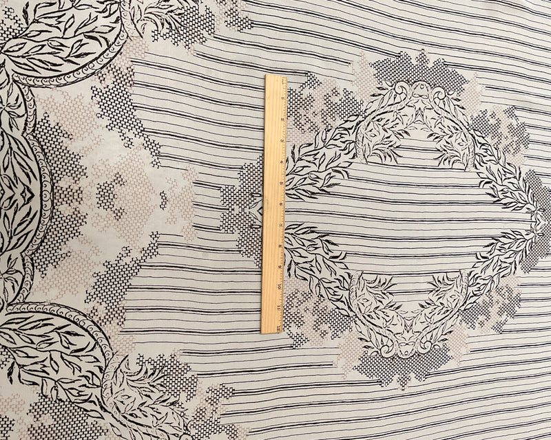 2 1/8 YD PC-Ivory-Tan-Black Honeycomb Floral Silk Chiffon Designer Remnant Fabric