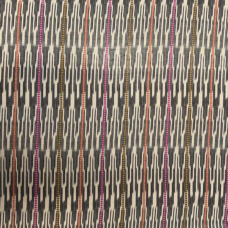 2 3/4 YD PC-Black-Ivory-Coral-Pink-Tan Ikat Stripe Silk Chiffon Designer Remnant Fabric