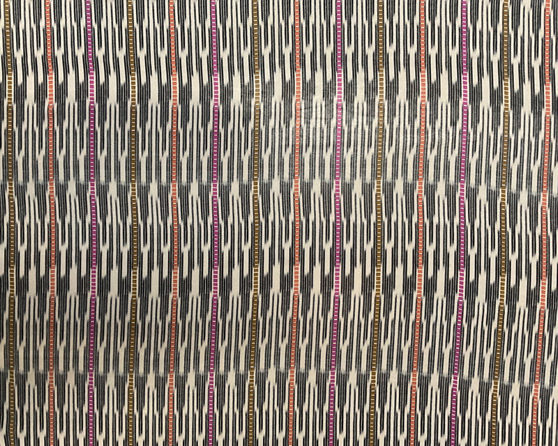2 3/4 YD PC-Black-Ivory-Coral-Pink-Tan Ikat Stripe Silk Chiffon Designer Remnant Fabric
