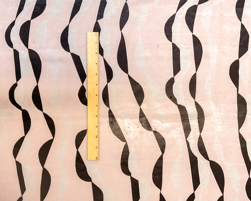 4 1/4 YD PC-Off-White-Coral-Blcak Abstract Wave Silk Chiffon Designer Remnant Fabric