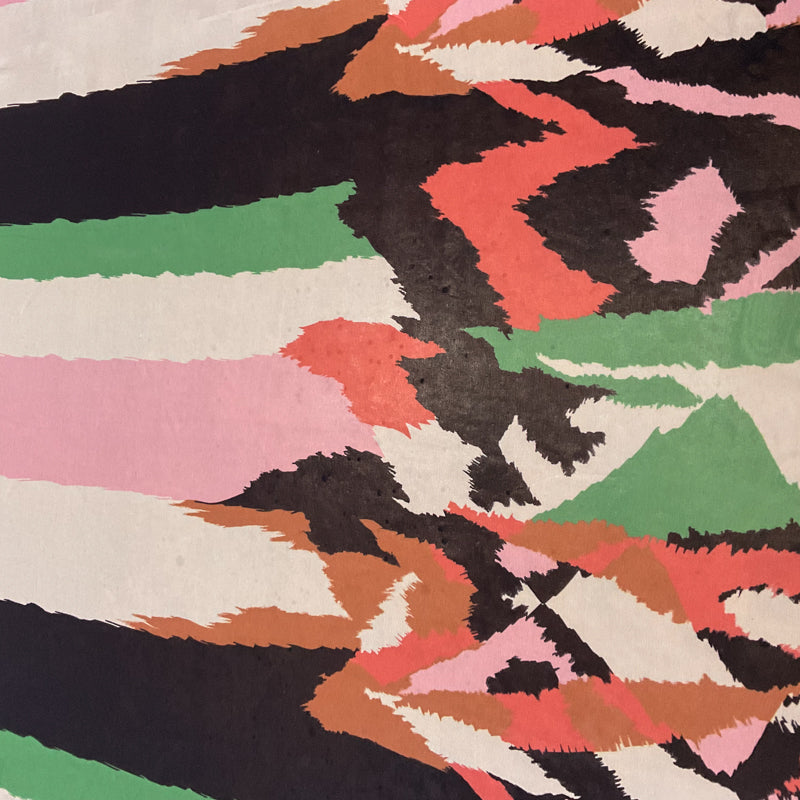 4 1/2 YD PC-Black-Green-Coral-Ivory-Pink Striped Ikat Silk Chiffon Designer Remnant Fabric
