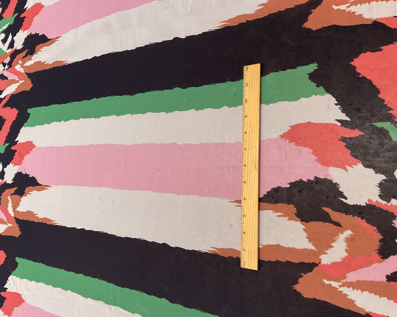 4 1/2 YD PC-Black-Green-Coral-Ivory-Pink Striped Ikat Silk Chiffon Designer Remnant Fabric